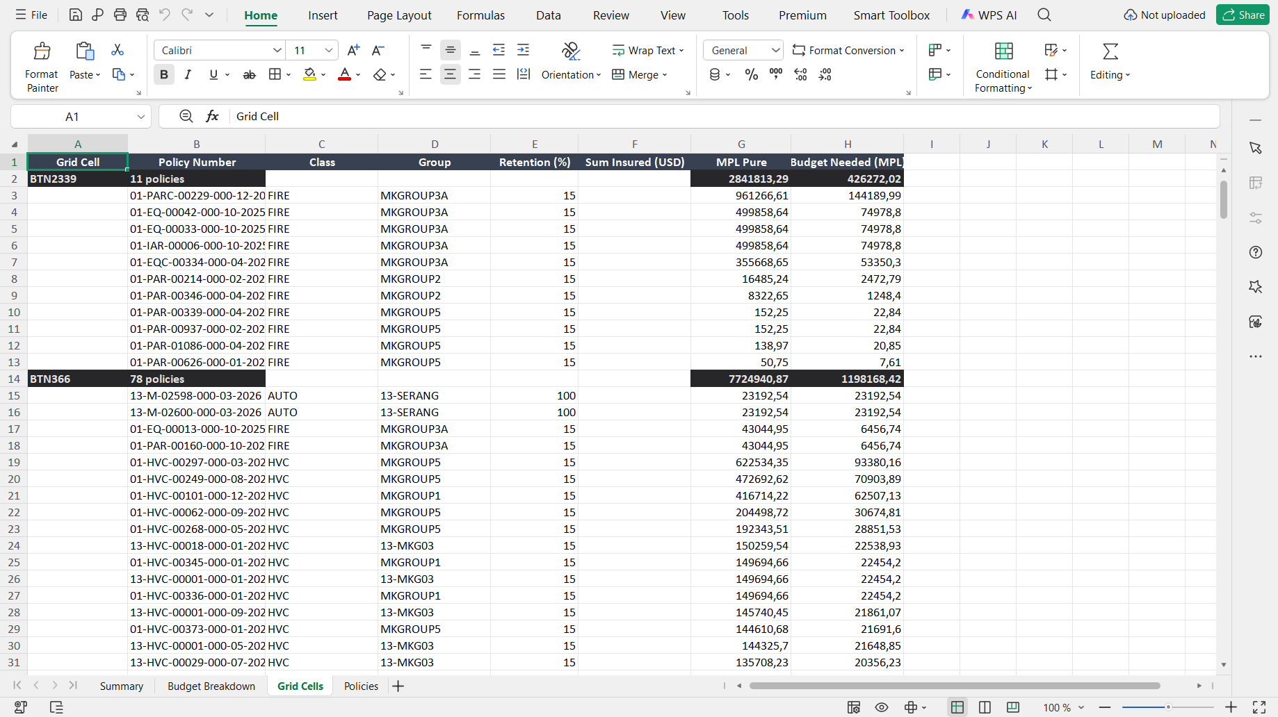 Excel Export Output
